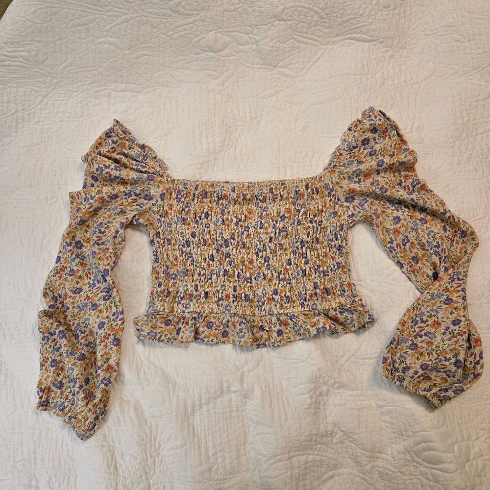 Bohme Smocked Crop Top Long Puff Sleeve Floral Pink Lavender Ivory Ruffle Large - Picture 14 of 14